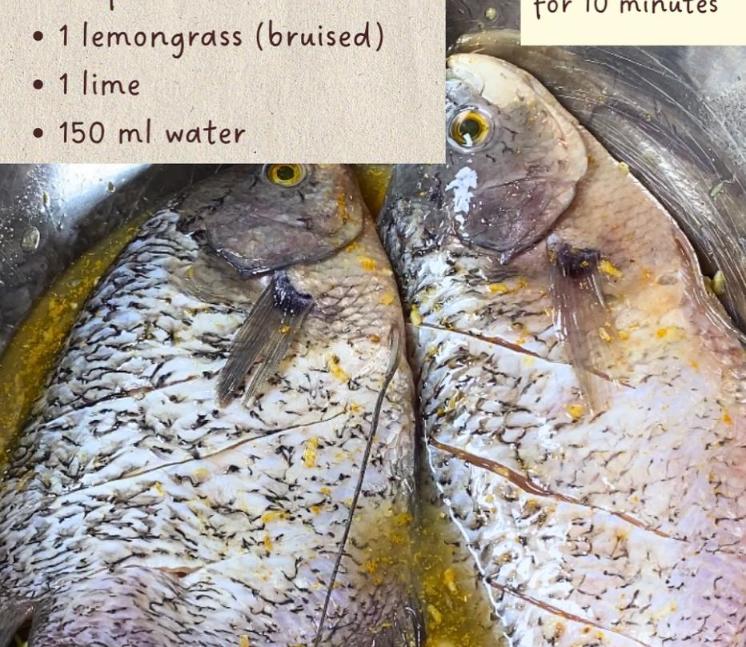Step 1.1: Marinate the fish with grated garlic, turmeric powder, coriander powder, salt, mushroom bouillon, bruised lemongrass, lime, and water for 10 minutes