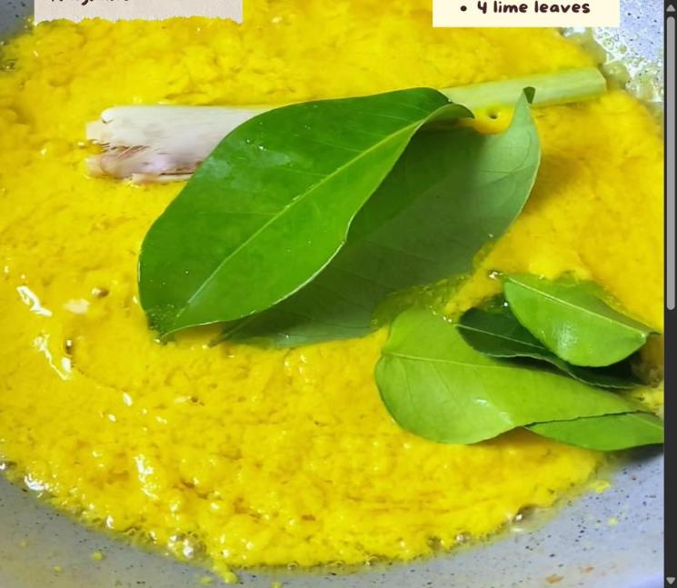 Step 3.1: Saute the spice paste with 1 lemongrass, 2 bay leaves, and 4 lime leaves until fragrant