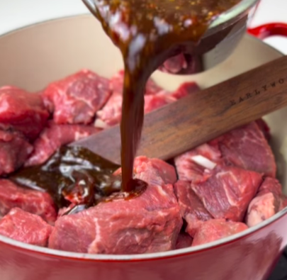 Step 1.1: Add the meat and all the sauce ingredients: ginger, garlic, tomato paste, hoisin, mirin, soy sauce, and sake