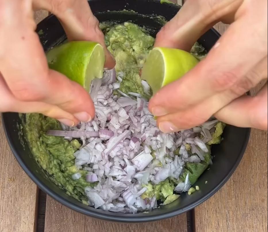 Step 1.1: Mash avocado and mix with diced shallot, lime juice, diced cherry tomatoes, garlic powder, salt and pepper to make guacamole