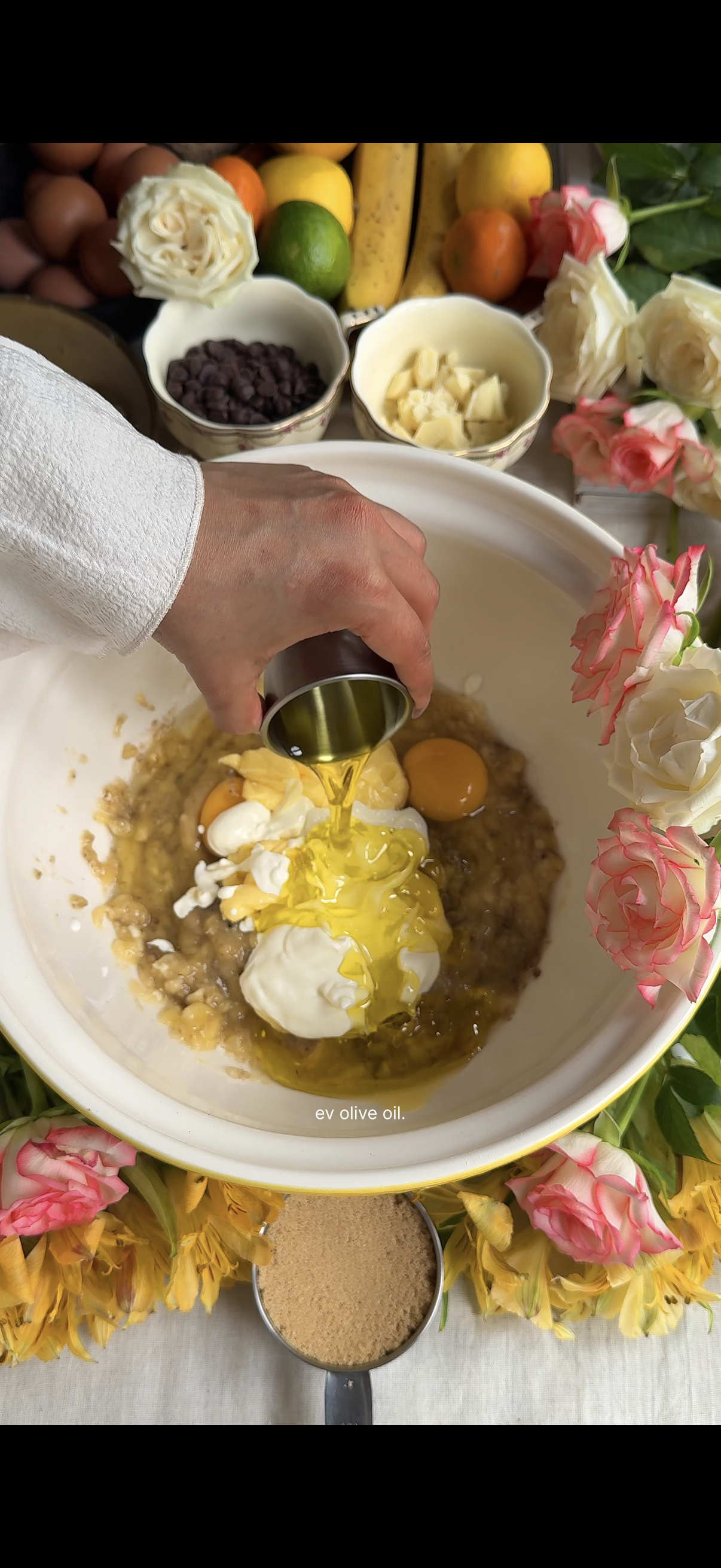 Step 1.1: Add the melted butter, sour cream, vanilla, and olive oil