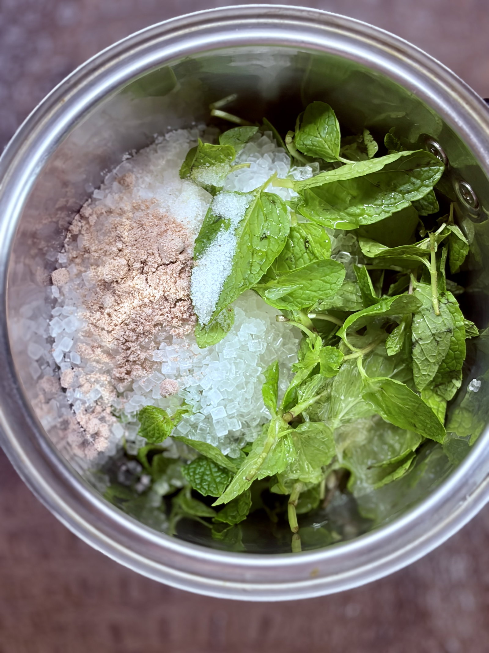 Step 1.1: Add mint leaves, sugar, lemon juice, water, salt, and black salt to a blender