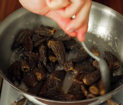 Step 1.1: Sauté the morels in chicken fat until lightly golden and set aside