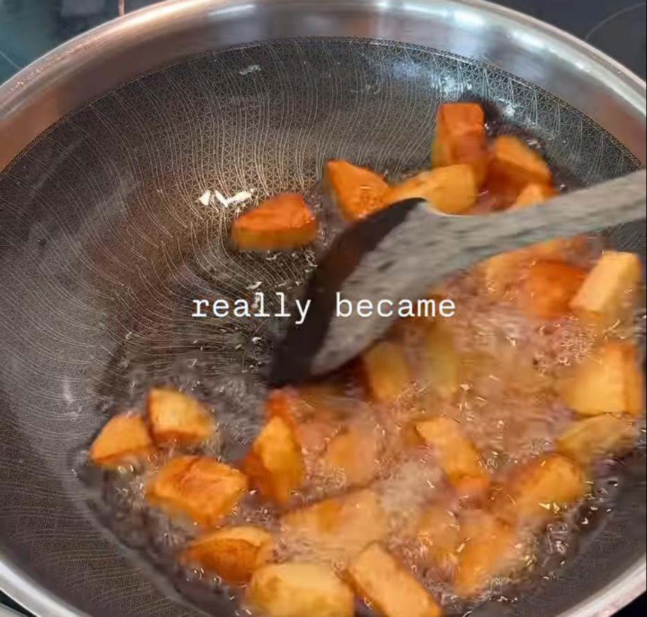 Step 1.1: Shallow fry the potatoes over medium high heat for 4 minutes, then turn the heat to high and cook for another 4 minutes or until golden