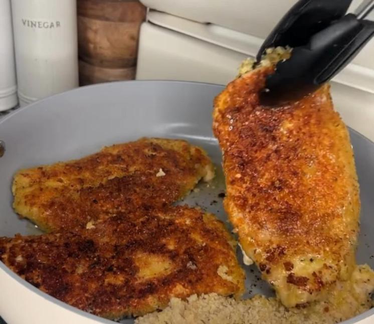 Step 2.1: Shallow fry chicken breasts on both sides until crispy golden brown and until internal temperature reaches 165°F