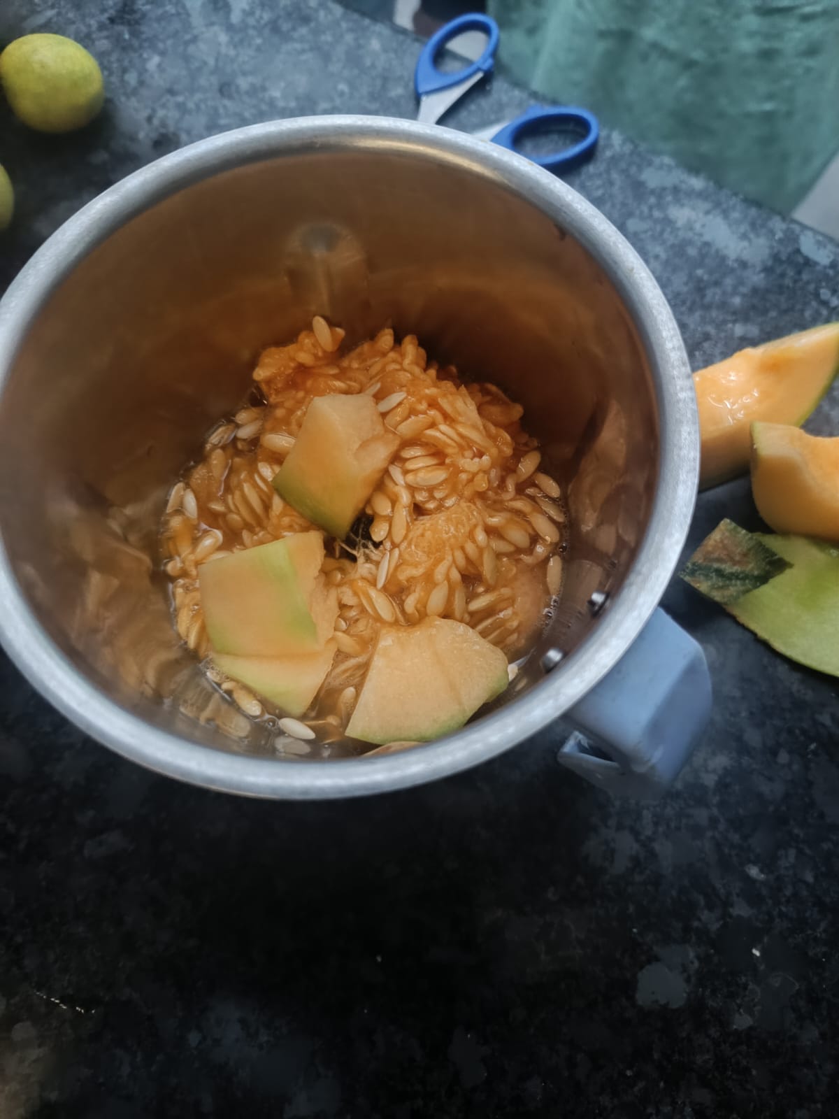 Step 1.1: Grind the musk melon seeds with pulp and pieces in a mixer until smooth