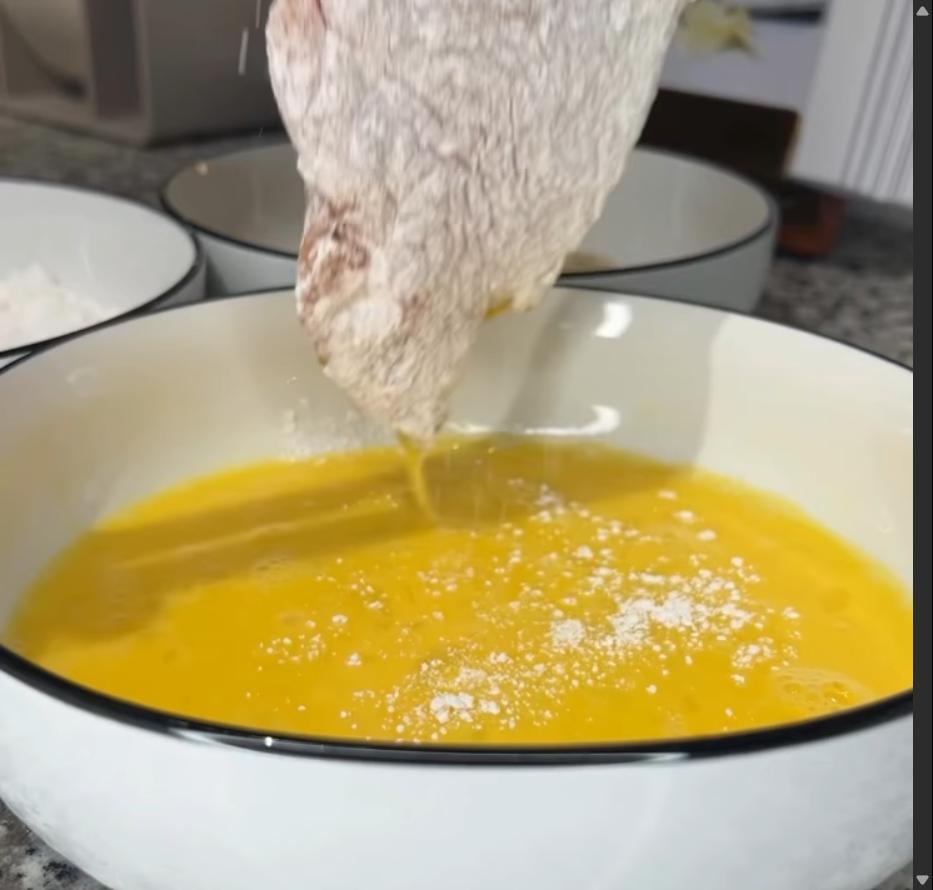 Step 1.1: Dredge chicken in flour, then egg wash, then panko bread crumbs