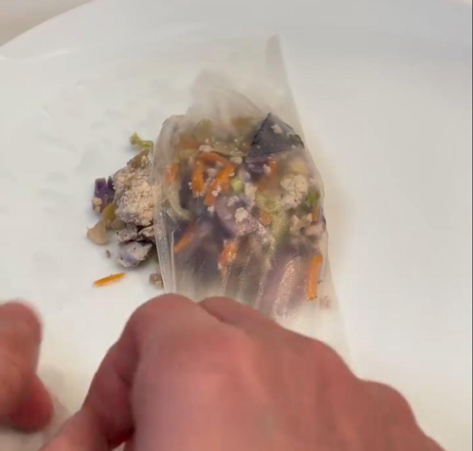 Step 1.1: Assemble the potstickers by placing the veggie mixture in the center of a rice paper wrapper and double wrapping to secure