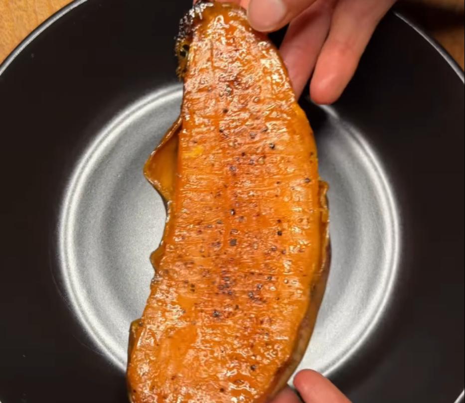 Step 1.1: Place sweet potatoes flat side down on a lined baking tray