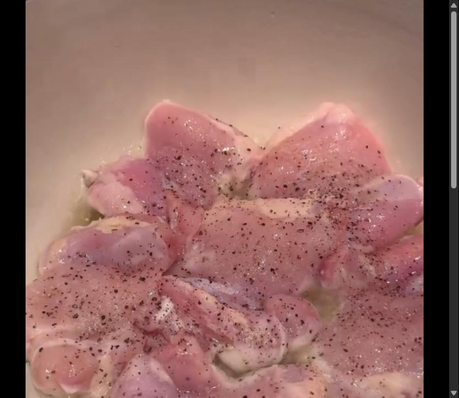 Step 1.1: Season chicken thighs with salt and pepper, then brown them in avocado oil over medium heat