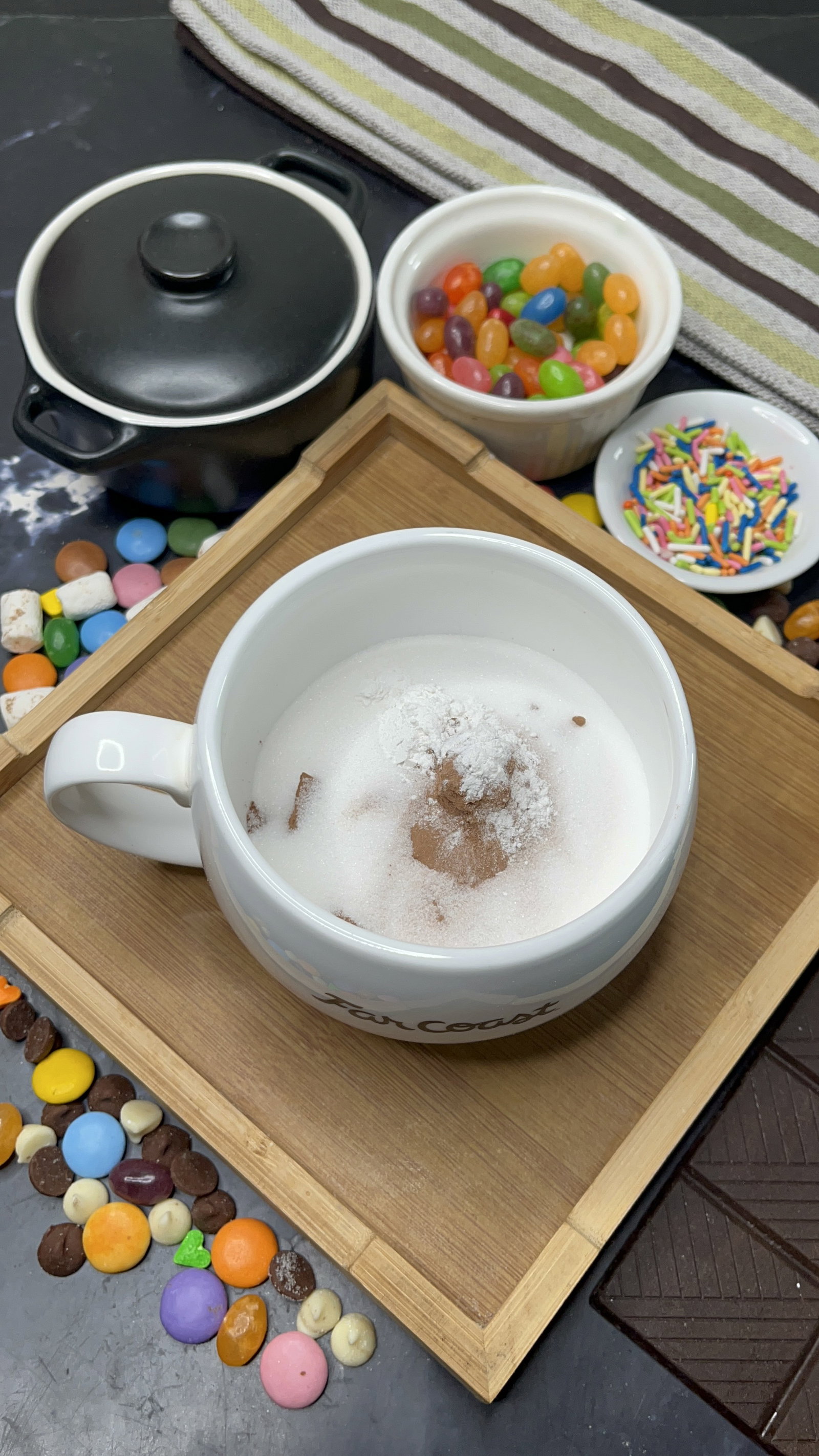 Step 1.1: Add flour, cocoa powder, sugar, baking powder, and salt directly into the mug