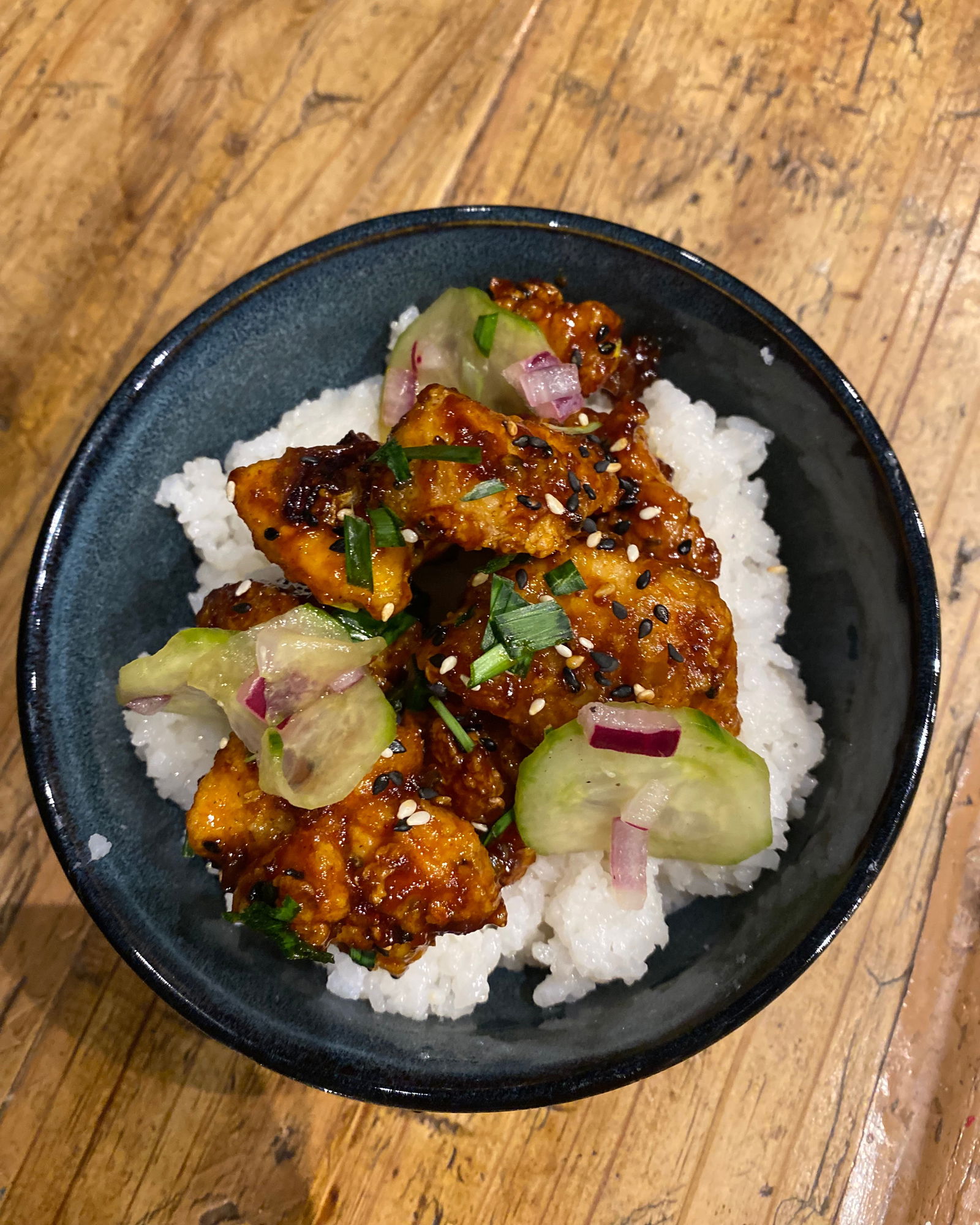 Korean Fried Chicken Bowl with Sticky Rice and Pickled Vegetables recipe