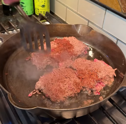 Step 1.1: Brown ground beef in a cast iron skillet