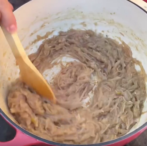 Step 1.1: Cook on low heat for at least 45 minutes, stirring occasionally, until deeply golden and caramelized