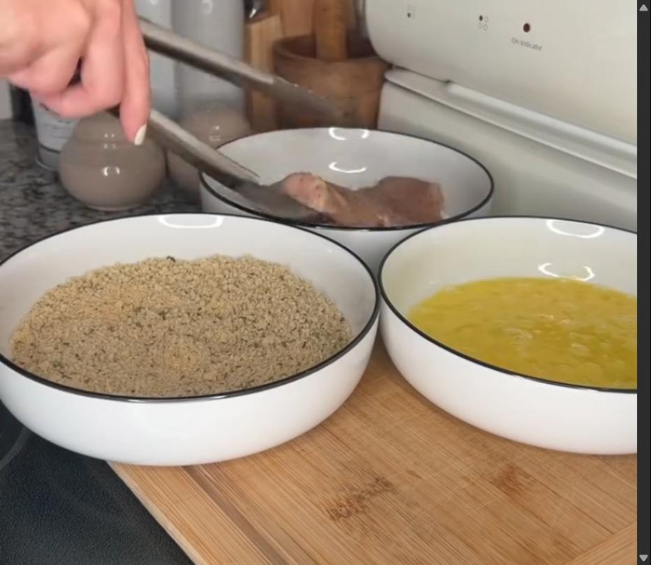 Step 1.1: Dip each piece of chicken in flour, then eggs, then bread crumbs