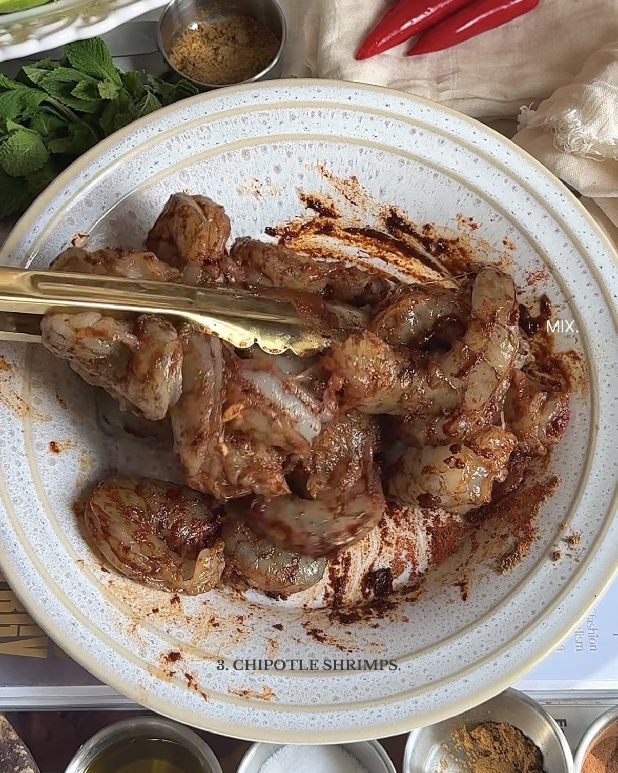 Step 1.4: Marinate the shrimps with chipotle paste, smoked paprika, ground cumin, salt to taste