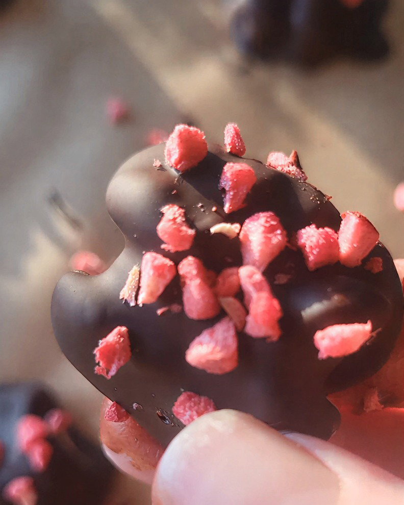 Chocolate Dipped Walnuts with Freeze-Dried Raspberries recipe