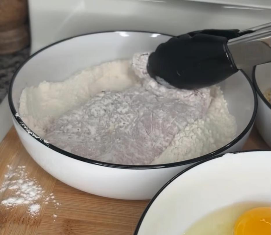 Step 1.1: Dredge chicken in flour, then dip in egg wash, and coat with panko bread crumbs