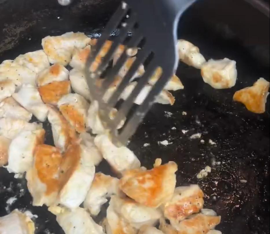 Step 1.1: Cook the chicken in a hot pan until golden and cooked through
