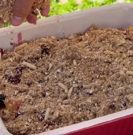 Step 3.1: Spread the crumble mixture evenly on top of the fruit layer