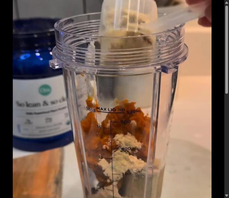 Step 1.1: Add vanilla protein powder, frozen banana, pitted Medjool date, pumpkin puree, creamy peanut butter, coconut yogurt, pumpkin spice, vanilla extract, almond milk, and a pinch of sea salt to a blender