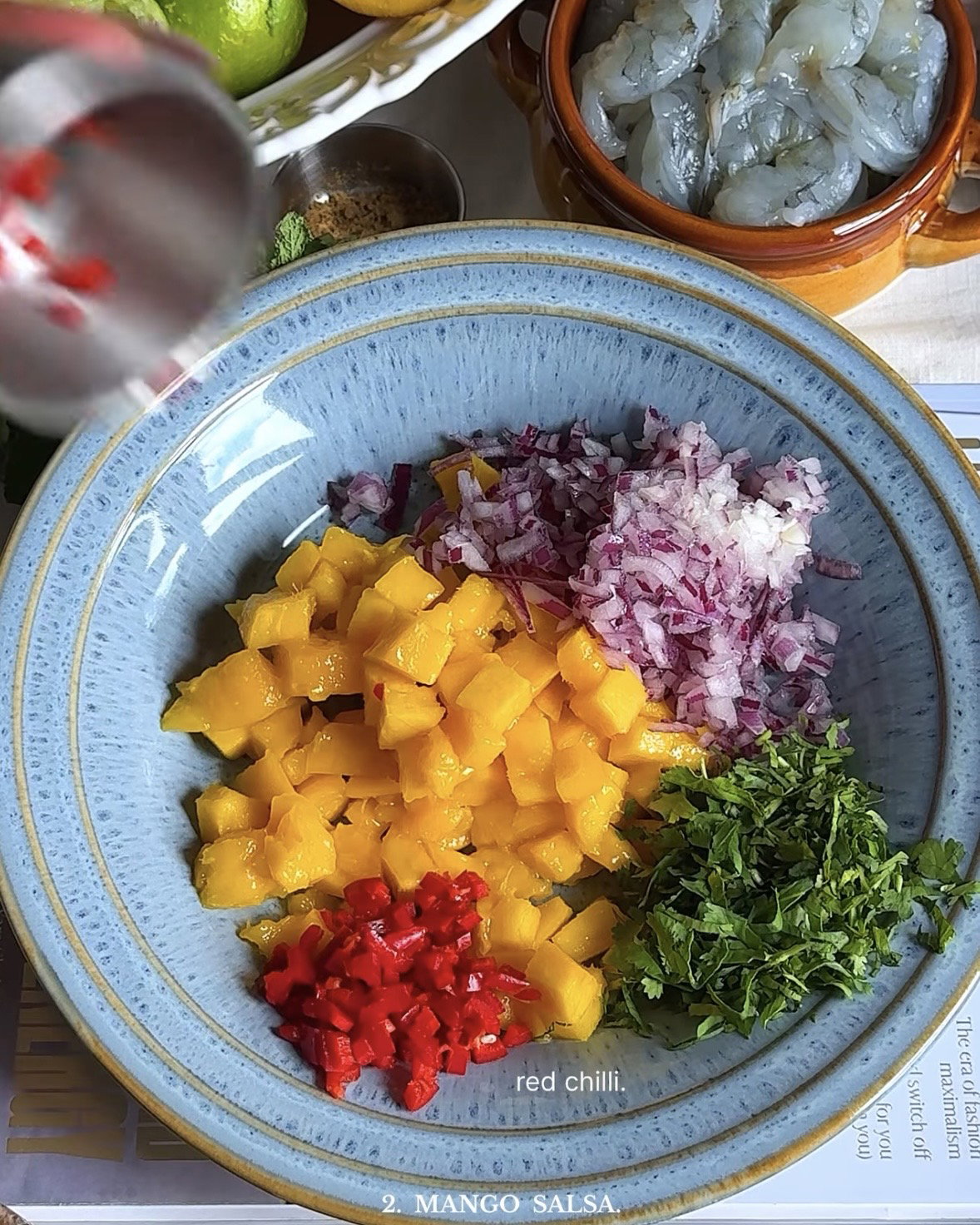 Step 2.2: Mix the mango, red onion, red chilli peppers, chopped coriander, ground cumin, lime juice, and salt until combined