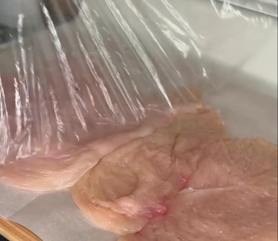 Step 1.1: Slice chicken breasts in half lengthwise, and pound to thin