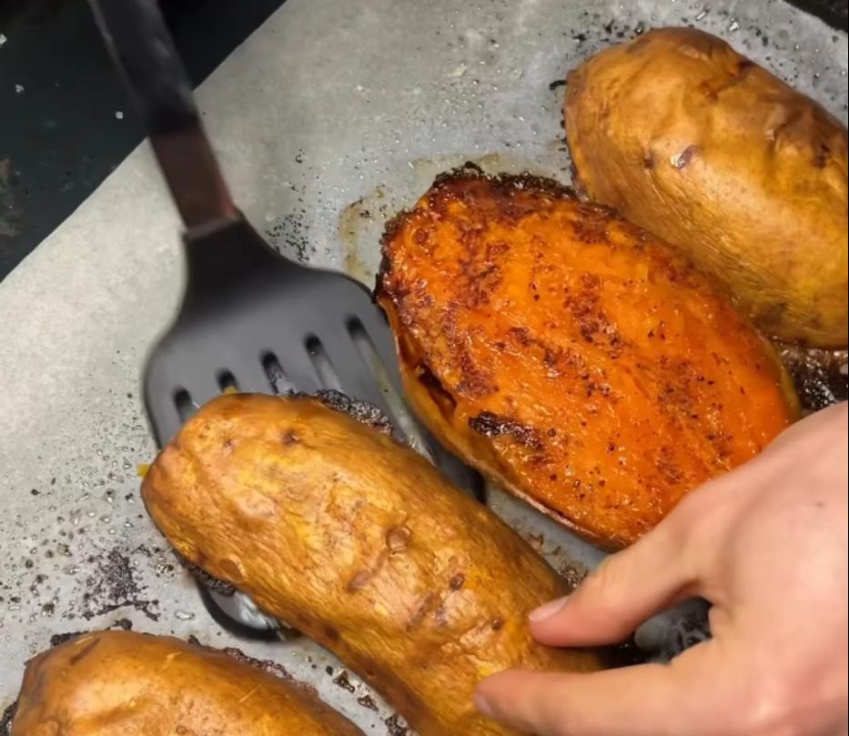 Step 1.1: Place sweet potatoes flat side down on a lined baking tray