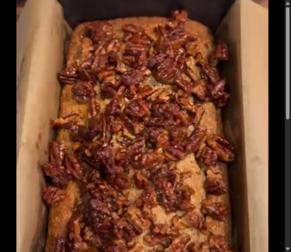Step 3.1: Remove banana bread from the oven after 30 minutes and add only the pecans from the sauce on top