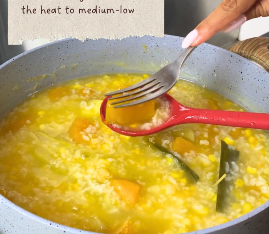 Step 1.1: Mash the soft pumpkin with a fork and stir regularly to prevent sticking