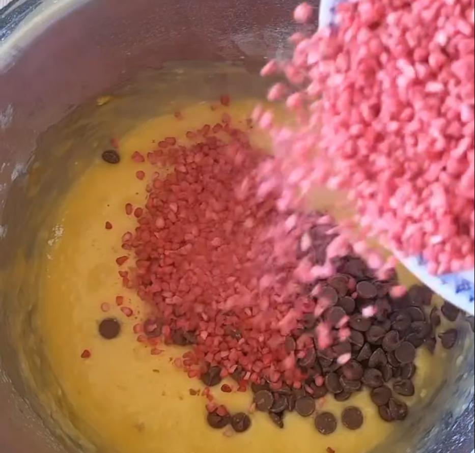 Step 1.1: Add chocolate chips and freeze-dried raspberries and fold gently