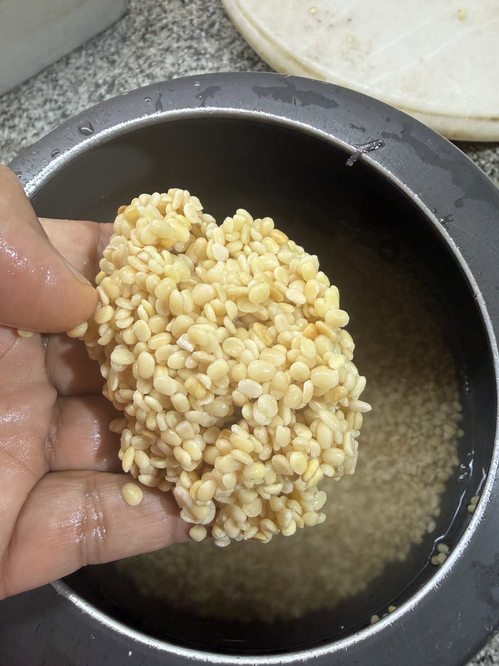 Step 1.1: Transfer the washed dal to a pressure cooker along with water and salt