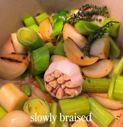 Step 1.1: Add the thyme, garlic, and peppercorns, then deglaze the pan with the cider, scraping up any browned bits