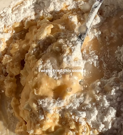 Step 1.1: Slowly pour in orange juice while stirring until you achieve a thick but pourable batter