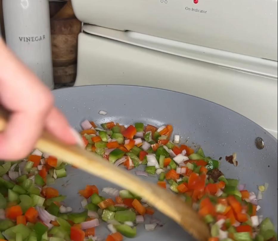 Step 2.1: Add red bell pepper, green bell pepper, shallot, celery, and garlic to the pan