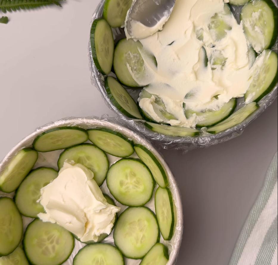 Step 1.1: Layer cucumber, seasoned rice, cream cheese, tuna, and avocado in a dish