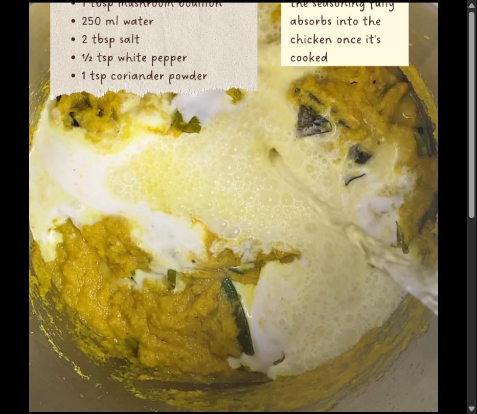 Step 2.1: Add the coconut cream, coconut water, mushroom bouillon, water, salt, white pepper, and coriander powder
