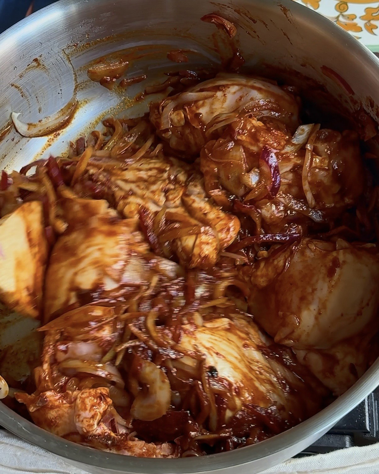 Step 1.3: Add the chicken thighs and chipotle paste to the pan