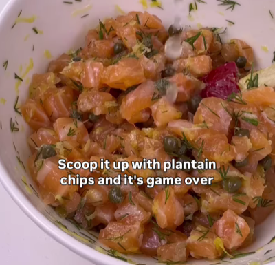 Step 2.1: In another bowl, combine the chopped salmon, lemon zest, capers, dill, olive oil, and salt
