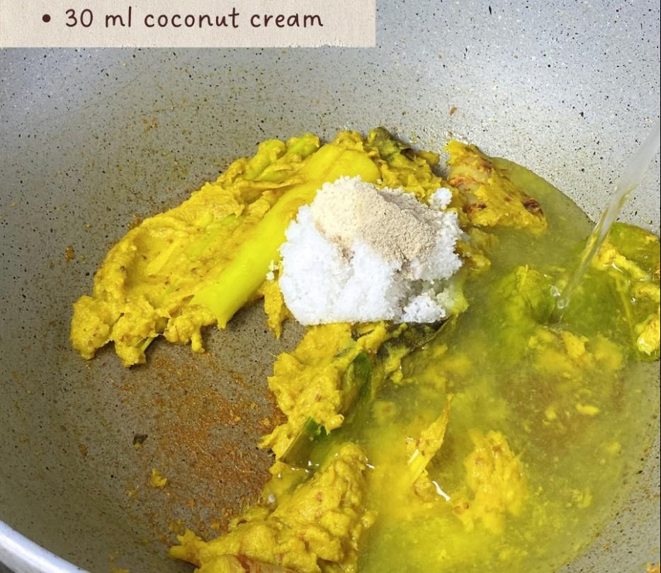 Step 1.1: Add salt, mushroom bouillon, white pepper, water, and coconut cream
