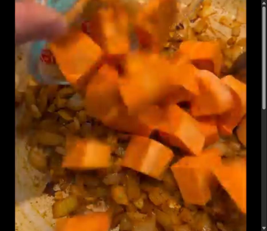 Step 1.1: Add diced sweet potatoes to the pot and stir to combine