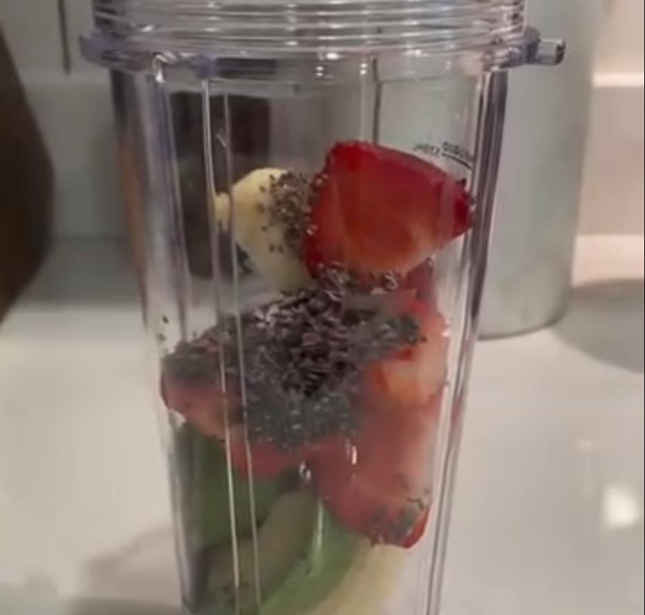 Step 1.1: Add banana, strawberries, avocado, Medjool dates, ground cinnamon, chia seeds, cacao nibs, and creamy peanut butter to a blender