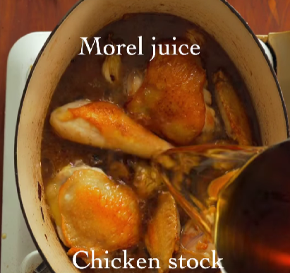 Step 2.1: Add the chicken stock and the reserved morel liquid