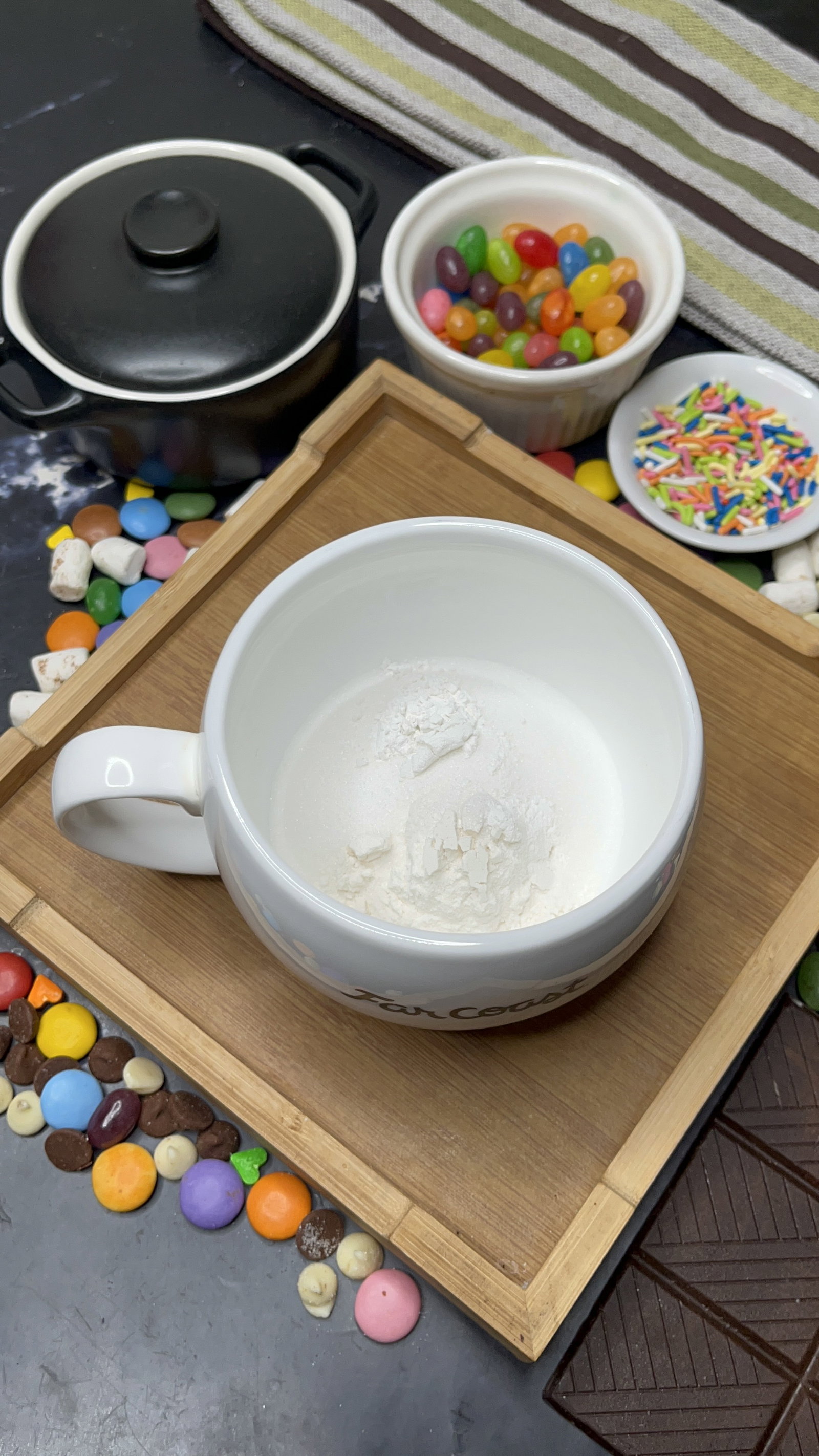Step 1.1: In a microwave-safe mug, add flour, sugar, and baking powder