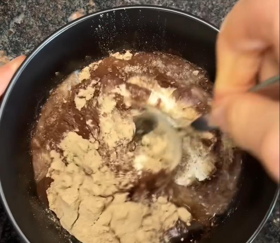 Step 1.1: Add the yoghurt, chocolate protein powder, psyllium husk, cocoa powder, and maple syrup to a bowl