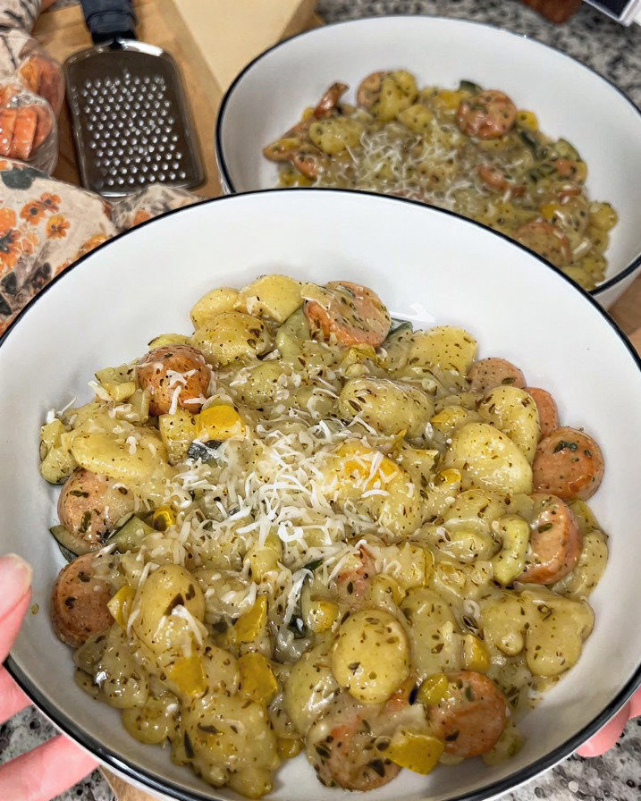 One-Pan Creamy Pesto Gnocchi with Chicken Sausage and Veggies recipe