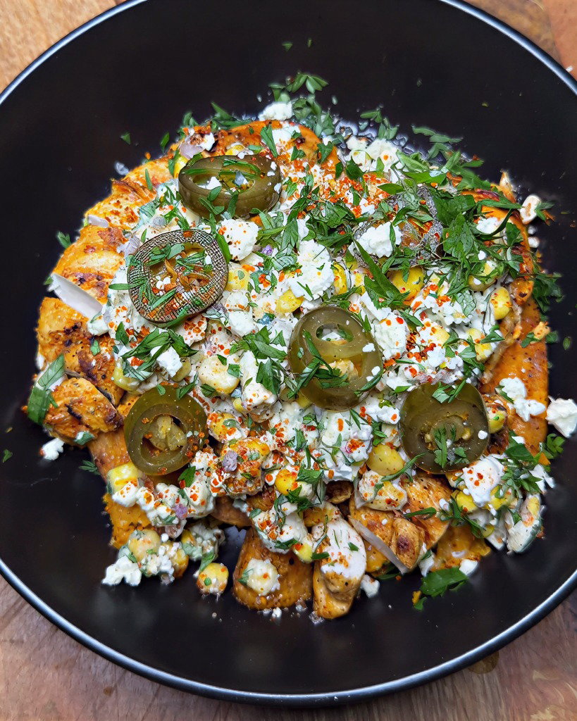 Caramelised Sweet Potato with Mexican Street Corn, Chipotle Chicken & Pickled Jalapeños recipe
