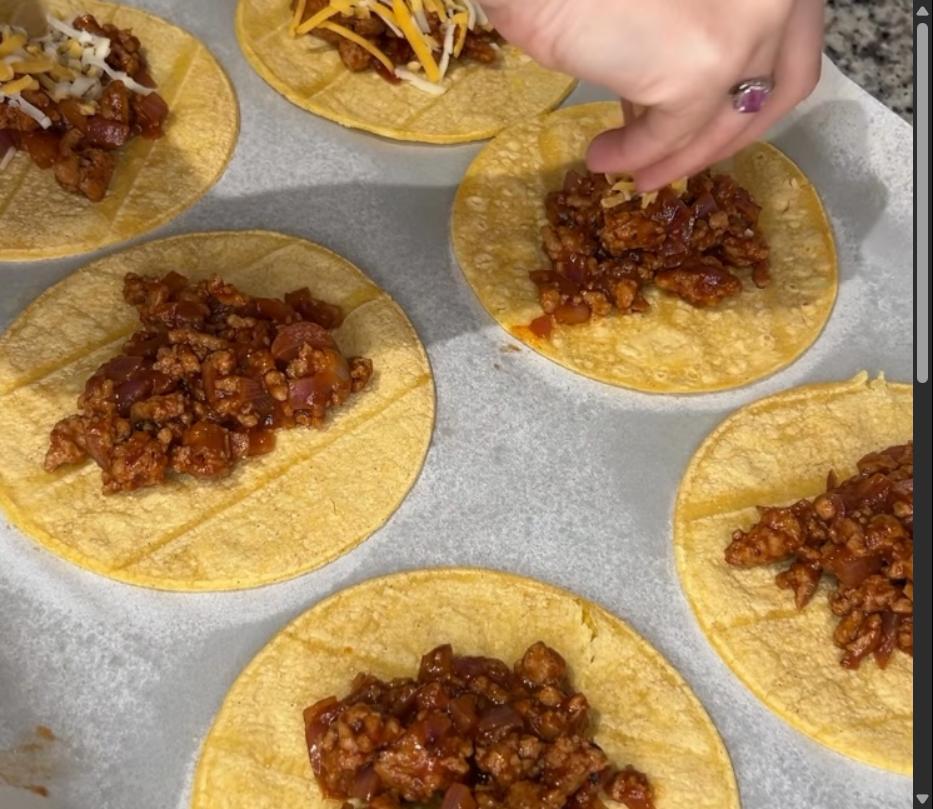 Step 1.1: Remove tortillas from the oven, flip them over, and fill each with turkey mixture and shredded cheese