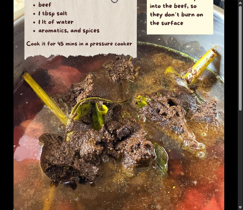 Step 2.1: Add the beef, salt, water, aromatics, and sauteed spices to the pot