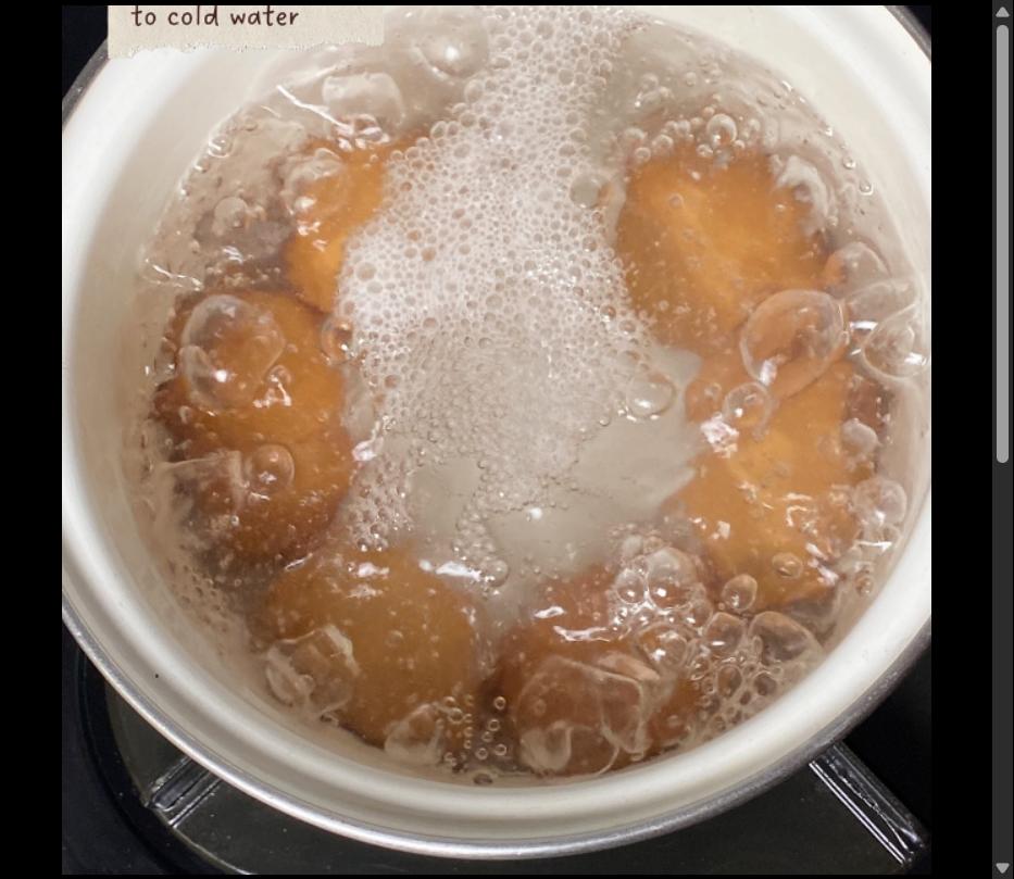 Step 1.1: Boil the eggs for 8 minutes, then transfer them to cold water and peel